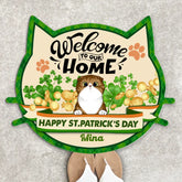 Willkommen in unserem Zuhause, Happy ST. Patrick's Day, für Katzenliebhaber, personalisierte Fußmatte in Katzengesichtsform